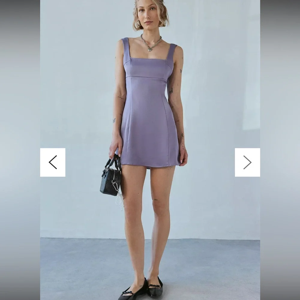Urban Outfitters Lavender Bri Double Bow SleekSatin Square neck MiniDress NWT XS - Picture 3 of 16